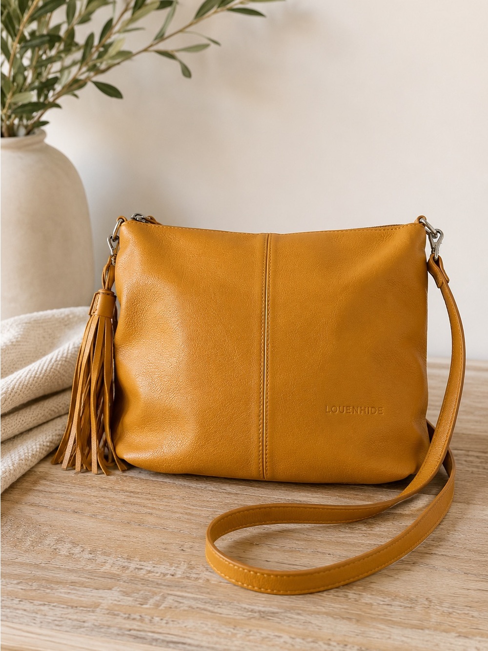 Louenhide Mustard Vegan Leather Tassel Crossbody Bag Camel Slouchy Boho